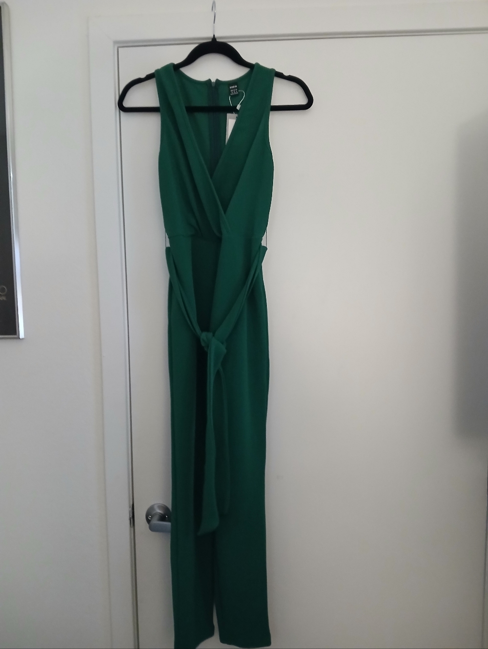 SHEIN Emerald Green One-Shoulder Wrap Jumpsuit with Waist Tie